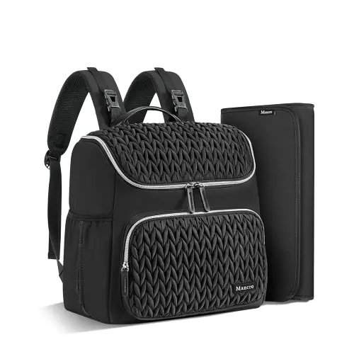 Mancro Small Quilted Diaper Bag Backpack, Waterproof Mini Travel Diaper Bag Tote with Changing Pad, Lightweight Baby Backpack with 2 Insulated Bottle Pockets & Stroller Straps, Black