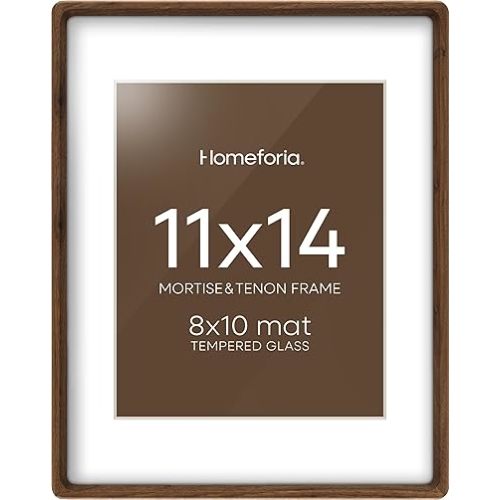 Homeforia 11x14 Picture Frame Brown Wood, Mortise & Tenon Walnut 11 x 14 Photo Frames with Mat 8 by 10 for Wall, 11by14 Dark Wooden Frames Matted to 8x10 inch Print, Tempered Glass, Wall Kit, Set of 1