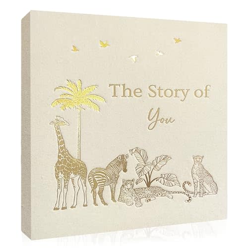 Eviepops Prints Baby Memory Book, Luxury Keepsake Gift for Mom to be, Milestone Record & Photo Album Birth to Age 5, Gender Neutral for Boy or Girl, Linen Fabric Safari Journal Scrapbook, Baby Shower