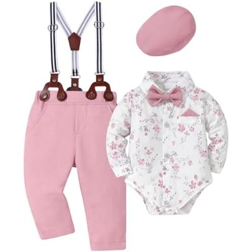 WESIDOM Baby Boy Clothes 0-18M Newborn Infant Gentleman Outfit, Shirt+Bowtie+Beret+Suspender Pant Baby boy Suit Clothing Set