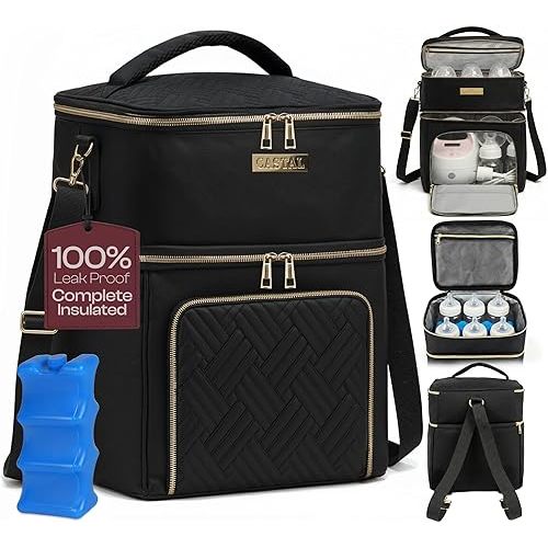 Castal Breast Pump Bag Spectra S1 S2–Insulated Spectra Pump Bag, Breastmilk Cooler Bag with Ice Pack–Leak-Proof Double Layer Breast Pump Travel Bag Holds 6 Milk Bottles with Elastic Strap–Black