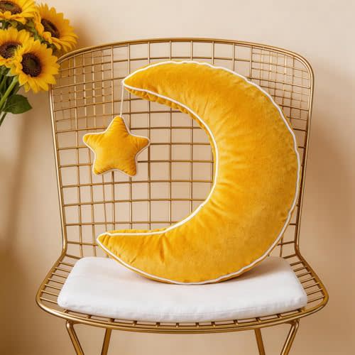 Moon Pillow Decorative Throw Pillows with Soft Faux Velvet for Couch Cute Cushion for Bedroom Office Yellow