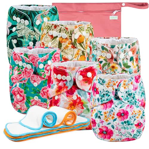 Wegreeco Cloth Diapers 6 Pack with Inserts & Wet Bag, Washable Reusable Diapers for Babies, One Size Adjustable (Chinese Rose)