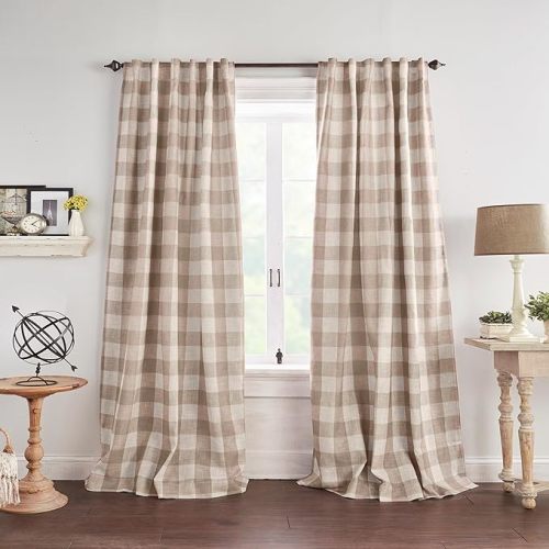 Elrene Home Fashions Farmhouse Living Grainger Buffalo-Check Blackout Window Curtain, Living Room and Bedroom Drape with Rod Pocket Tabs, 52" x 84", Linen, 1 Panel
