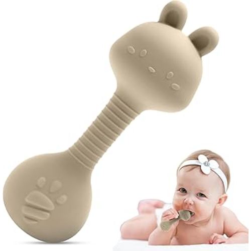Silicone Rattle Teether for Babies – Soft BPA-Free Teething Toy & Sensory Rattle – 100% Food Grade Silicone, CPC Certified – Soothing Relief for Infants & Toddlers (Rabbit - Beige)