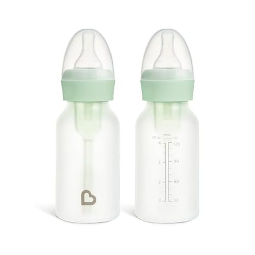 Munchkin Bond Glass Baby Bottles, Anti Colic Baby Bottles for Newborns, 4 oz Silicone Coated BPA Free Slow Flow Bottles for Breastfed Babies, Infant Feeding Bottle Set, 2 Pack, Mint/Green
