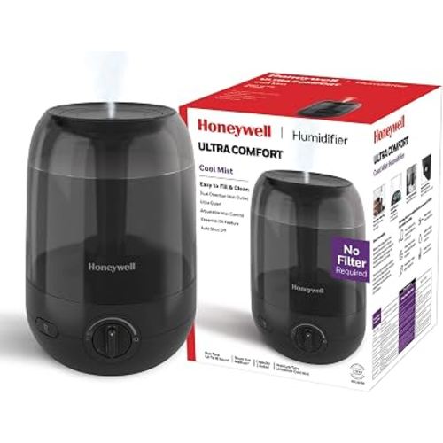 Honeywell Ultra Comfort Cool Mist Humidifier, No Filter, Easy to Fill and Clean, Cleaning Brush Included, Ultra Quiet, Use Air Humidifier with Essential Oils for Extra Comfort, Black, HUL545B