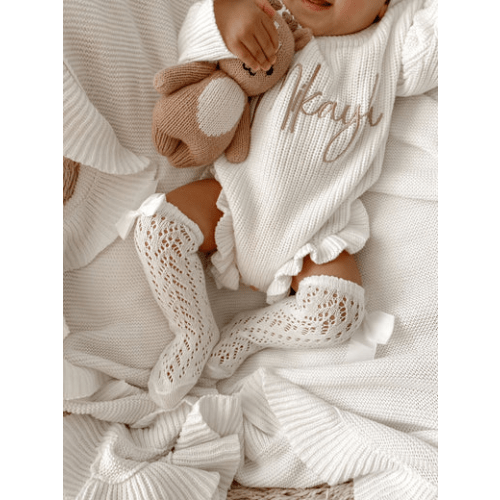 Spanish Lace Knee High Bow Socks White | Petite and Co | Honey & Bro – The Honey and Bro Co.