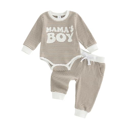 allshope Newborn Baby Boy Fall Outfit Romper Long Sleeve Letter Embroidery Jumpsuit Bodysuit Pants Infant Waffle Clothes Set
