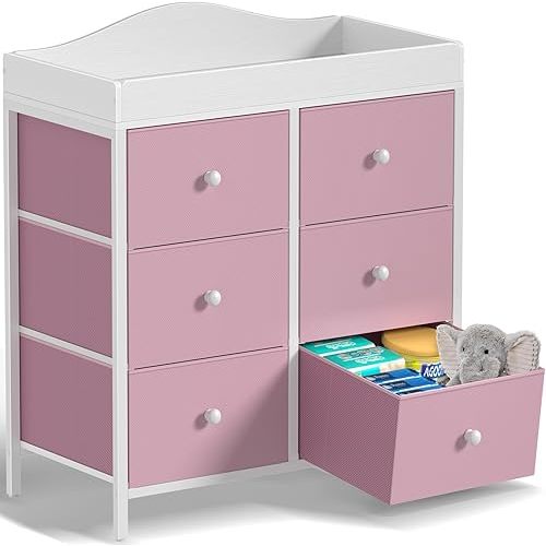 BOLUO Changing Table Dresser with 6 Fabric Drawers, Baby Dresser with Changing Table Top Diaper Changing Station with Storage for Nursery Modern Pink