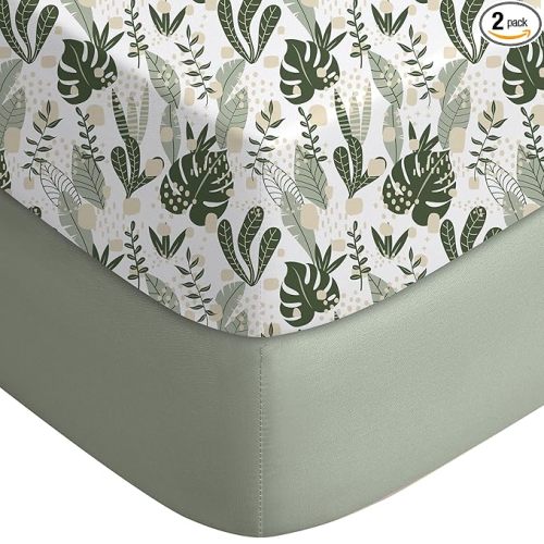 Yoofoss Baby Crib Sheets for Boys Girls, Fitted Crib Sheet 2 Pack for Standard Crib and Toddler Mattress, Super Soft Microfiber Baby Sheet 28x52x8in Green + Banana Leaves