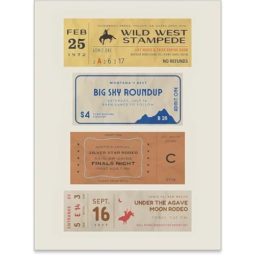 Vintage Western Cowboy Wall Art Decor Retro Rodeo Tickets Poster 1970s Western Prints Midwest Rustic Cowboy Painting Picture for living Room Room Dorm Home Decorations 12x16inch Unframed