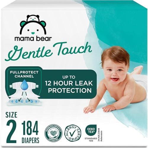 Amazon Brand - Mama Bear Gentle Touch Baby Diapers, Size 2, 184 Count (4 packs of 46), Leak Protection, Wetness Indicator, Formulated Without Fragrance