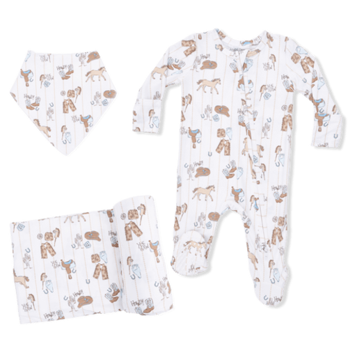Cowboy Nursery -  2 Way Zipper Footie, Bandana Bib, & Swaddle Blanket Set