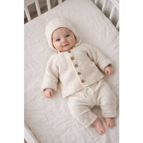 Hand Knit Organic Cotton Baby Outfit Set, Off-White, 0-3 months