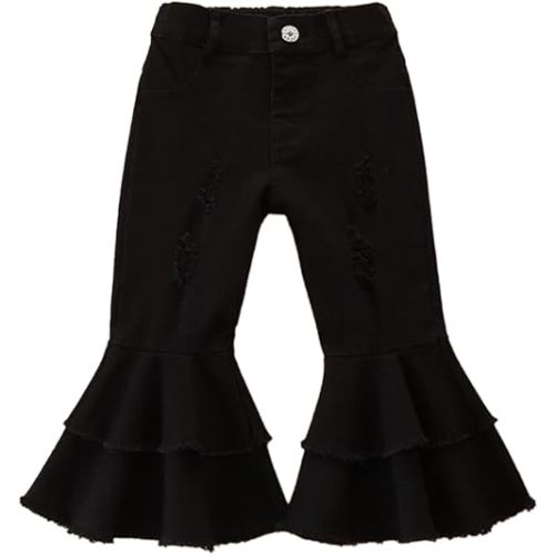 Generic Baby-Girls Flare Jeans Kids Toddler Little Girl Ruffle Ripped Jeans Bell Bottom Pants Denim Leggings Trousers