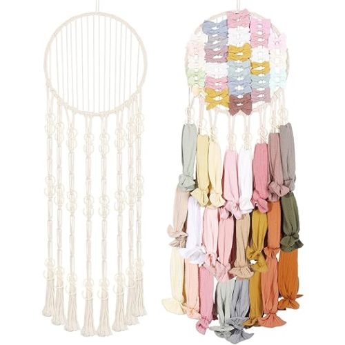 POVETIRE Headband Holder Hair Bows Organizer for Girls, Macrame Hair Clips Storage Large Capacity Hair Accessories Organizer Display Wall Hanging for Toddler Baby Girl Nursery Room Decor
