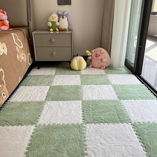 12Pcs Interlocking Carpet Tiles,12"x 12" Plush Interlocking Foam Carpet Tiles with Border,Fluffy Play Mat Floor Tiles Thick Padded Squares Foam Tiles for Playroom Decor (White+Green)