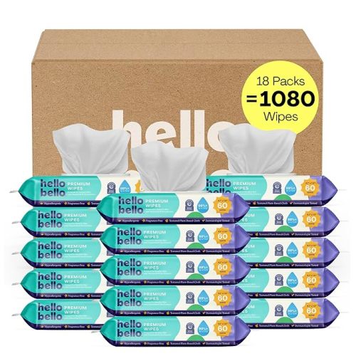 Hello Bello Premium Fragrance-Free Baby Wipes, with Chamomile & Aloe Extracts for Sensitive Skin - 18 Resealable Packs = 1080 Total Wipes