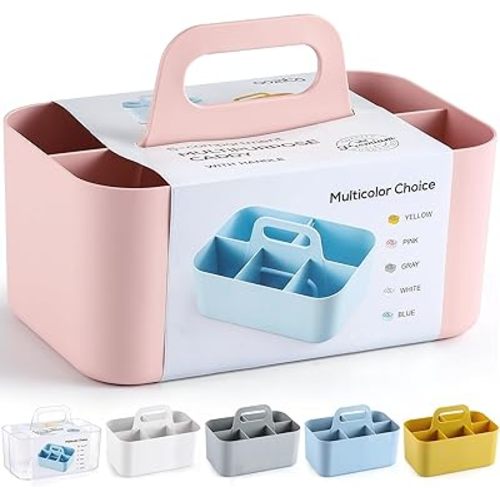 Multiuse Caddy Organizer with Handle, Portable Divided Plastic Tote Bin - Art Craft, Stationary Pen Marker Crayons, Makeup Hair Supplies Storage - Bathroom, Classroom, Dorm, Office, Desk Holder - Pink
