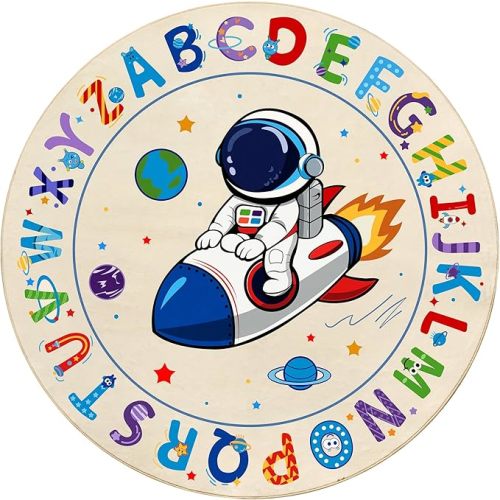 Astronaut Space Kids Round Rug 5ft, Washable Alphabet ABC Circle Carpet, Soft Non-Slip Educational Area Rug for Playroom, Classroom & Kids Room Decor, Blue