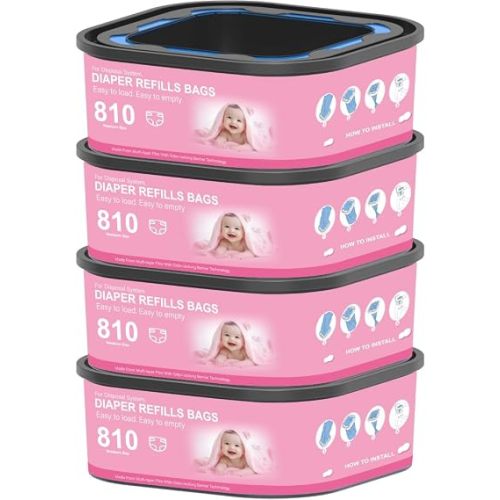Jumbo Square Refills Disposal Bags Refill Compatible with Diaper Genie Classic, Compact and Select Pails,Hold Up to 810 Newborn-Sized Diapers Per Refill, 4 Pack