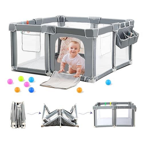 CAPAKIDS Foldable Baby Playpen 59"×71" with Mat, Out-of-The-Box Ready Playpen for Babies and Toddlers, Portable Play Yard with Breathable Mesh & Gates, Storage Bag & 4 Handlers for Indoor & Outdoor
