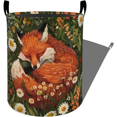 Sleeping Red Fox in Wildflowers Laundry Basket with Handles, 19.7"x15.7" Clothes Foldable Laundry Hamper Organizer for Dorm Nursery Bedroom Bathroom Decor, Toy Storage Bin for Kids
