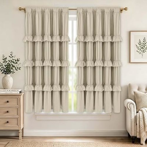 Yinhua Ruffle Curtains for Living Room Camel Blackout Curtains for Bedroom 63 Inch Long with 3 Rows of Ruffles, Room Darkening Window Curtain Farmhouse Rustic Rod Pocket Drapes, 52" W x 63" L