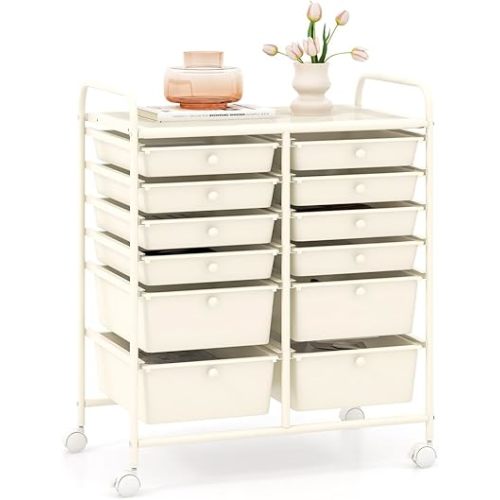 GOFLAME 12-Drawer Rolling Storage Cart, Multipurpose Organizer Cart with 2 Sizes Plastic Drawers, Mobile Utility Cart with Lockable Casters for School, Home Office, Beauty Salon, White