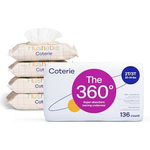 Coterie The 360° Pull-On Training Pants | Size 2T/3T (20-34 lbs), 136 Count + Flushable Wipes | 4 Packs (224 Count)