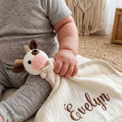 Personalized Baby Security Blanket,Handmade crocheted cow comfort blanket, Soother Toy Soft Cuddle ,New Mom Keepsake Present