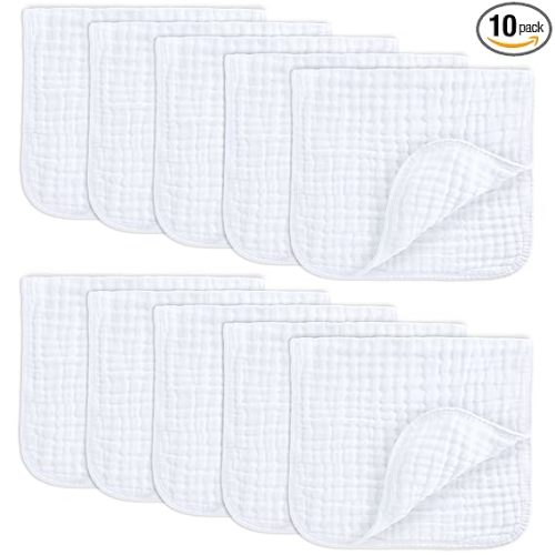 Comfy Cubs Muslin Burp Cloths 20" x 10", Pack of 10 - Large, 6-Layer, Ultra Absorbent 100% Cotton for Baby Drool and Messes - Soft, Safe & Gentle Baby Burp Cloths for Boys & Girls - White