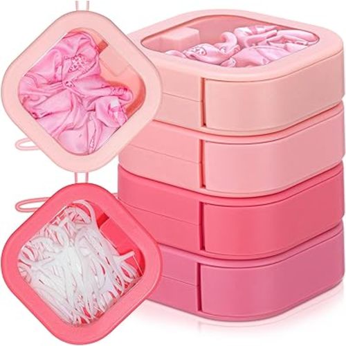 Kathfly 4 Pcs Pink Color Hair Tie Organizer Portable Hair Accessory Storage Containers Stackable Tie Bobby Pin Holder Home Cotton Swab Dispenser Accessories Jewelry Organizer Box