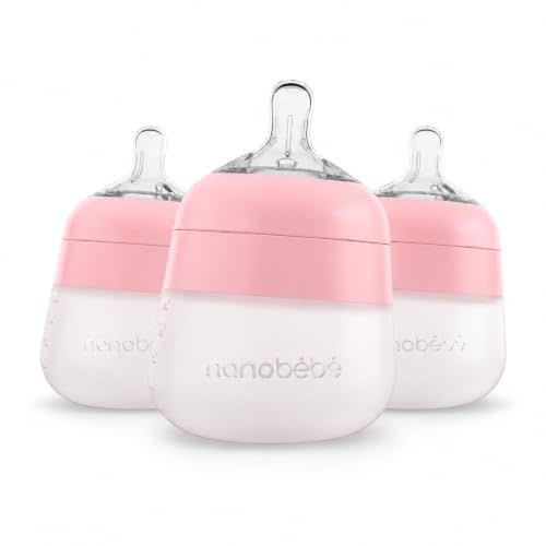 Nanobebe Flexy Silicone Baby Bottle, Anti-Colic, Natural Feel, Non-Collapsing Nipple, Non-Tip Stable Base, Easy to Clean 3-Pack, Pink, 5 oz