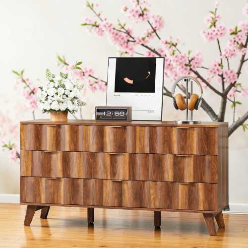 57" Modern Fluted 9-Drawer Dresser - Extra-Wide Bohemian Chest with Wave Texture & Tapered Legs