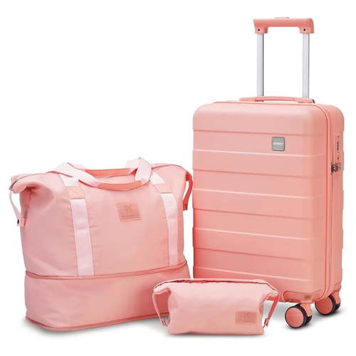 Joyway 3-Piece Luggage Set 20-Inch Carry-On Suitcase with Spinner Wheels TSA Lock Travel Duffel Bag and Toiletry Bag Hardside Lightweight Luggage Pink