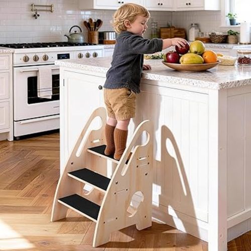 Toddler Step Stool, Wooden Height-Adjustable 3-Step Stool for Kids, Potty Training Stool with Handles and Non-Slip Pads for Bathroom Sink, Kitchen, Bedroom
