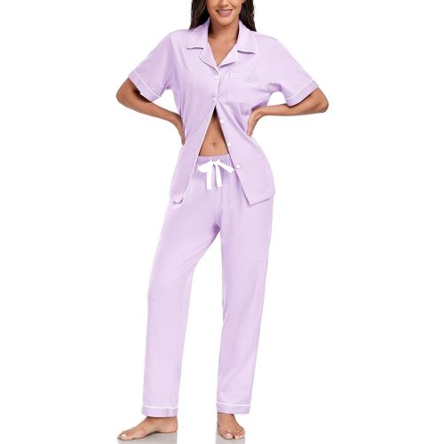 EA'S SECRET Womens 100% Cotton Pajama Sets Short Sleeve Shirt and Pajama Pants Soft Sleepwear Button Down Pjs for Women