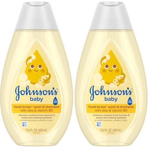 Johnson's Baby Head ToToe Baby Wash & Shampoo + Aloe & Vitamin B5, 2-in-1 Bath Wash Gently Cleans Newborn's Delicate Skin & Hair, Hypoallergenic, No Parabens, Dyes & Sulfates, 13.6 fl. Oz (Pack of 2)