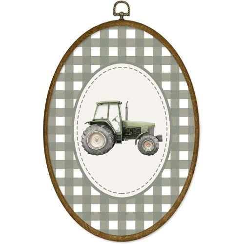 ODFGBDS Vintage Tractor Farm Gingham Nursery Oval Wall Art Decor 8.6x11.4in