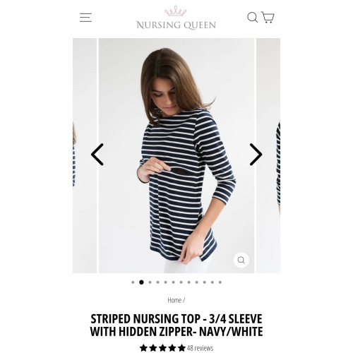 Striped Nursing Top - 3/4 Sleeve With Hidden Zipper- Navy/White