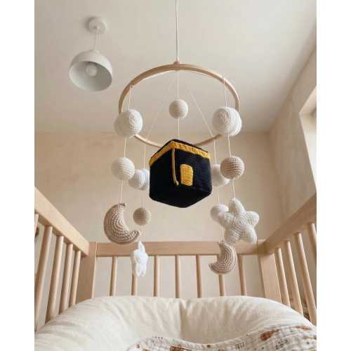 Islamic Kaaba Baby Mobile, Felt Clouds Stars Crib Decor, Neutral Nursery Gift