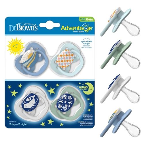 Dr. Brown's Advantage Glow-in-the-Dark Baby Pacifier, Fully Symmetrical Soother with Soft Silicone Bulb, Blue Sunrise-Blue Ocean, 0-6m, BPA Free, 4 Pack
