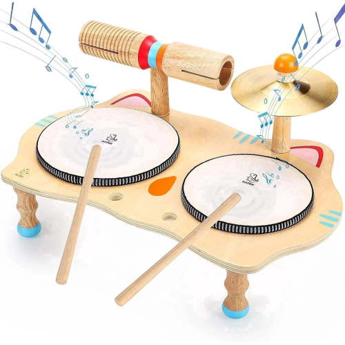 OATHX Toddler Educational Music Toys Kids Drum Set Wooden Montessori