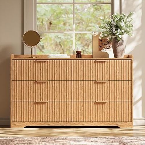 Fluted Dresser for Bedroom 6-Drawer Chest of Drawers, 47" Wide Clothes Dresser for Small Spaces, Modern Wood TV Stand Organizer for Living Room, Horizontal Storage Cabinets,Natural Oak