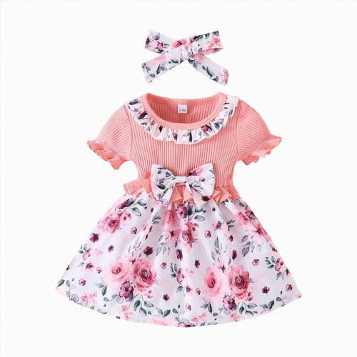 UngA Baby Girl Clothes Newborn Short Sleeve Floral Romper Dreesy Bodysuit Heaedband 2Pcs Baby Girl Summer Clothes (Pink,12-18 Months)
