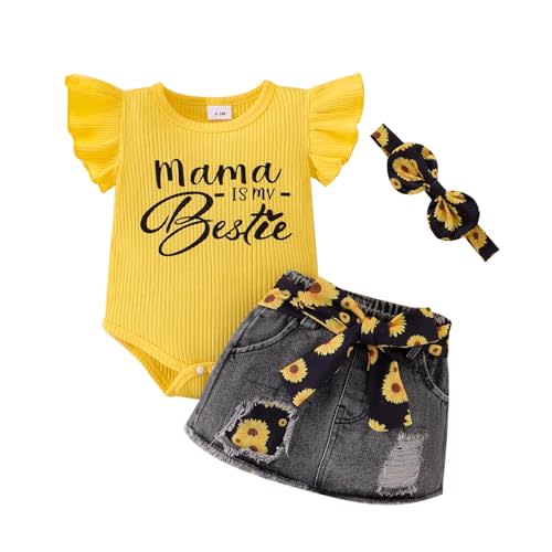 Baby Girl Clothes Infant Romper Outfit Set with Denim Skirt 0-18M | Soft Cotton, Breathable Ruffle Romper + Denim Skirt, Snap Closures for Easy Changes, Daily Wear, Vacation, Machine Washable