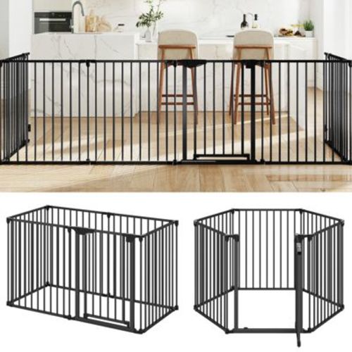 Costway 6-Panel Adjustable Pet Safety Fence w/Auto-close Door & Double Locking System Black