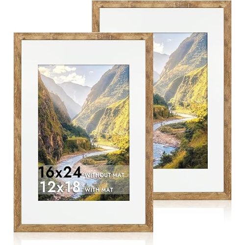 16x24 Picture Frame Set of 2 with Plexiglass, Display 12x18 Picture with Mat or 16 x 24 Without Mat, Rustic Brown Wood Poster Frame for Photo Wall Gallery Mounting Horizontal and Vertical